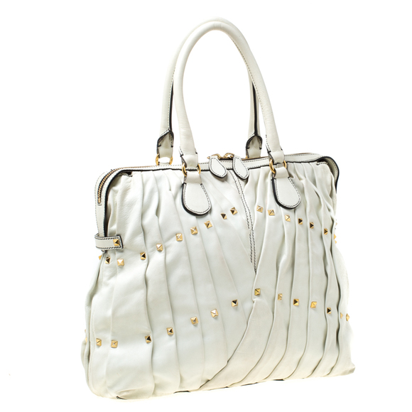 VALENTINO Off White Leather Maison Pintucked Shopper Tote - Picture 3 of 8